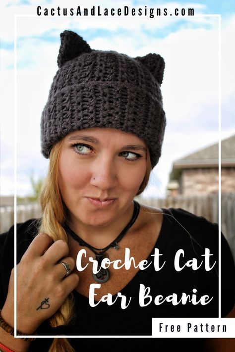 Fun, quirky and just in time for the Fall season, this crochet cat ear beanie is a free pattern on the blog. Made from a rectangle using only one stitch makes this hat a quick and easy beginner pattern! Cat Ear Hat Crochet Pattern, Cat Ear Hat Pattern, Kat Haken, Cat Ear Beanie, Crochet Cat Hat, Ear Beanie, Cat Ears Hat, Cat Eared Beanie, Easy Crochet Hat