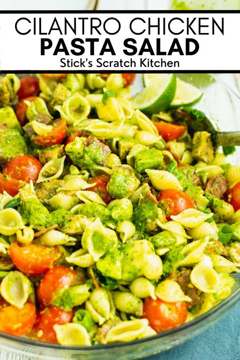 Cilantro chicken pasta salad is a delicious concoction of juicy cilantro chicken, tender pasta, and fresh summer veggies tossed together in a citrusy cilantro dressing that’s sure to bring your summer barbecue to the next level. #pastasalad #chickenpasta #chickenpastasalad #pastasaladrecipe #healthypastasalad #easypastasalad #sidedish #summerrecipe #summersides #summersidedish Cilantro Lime Pasta Salad, Cilantro Lime Pasta, Lime Pasta Salad, Lime Pasta, Cilantro Recipes, Healthy Pasta Salad, Cilantro Chicken, Cilantro Dressing, Easy Pasta Salad Recipe