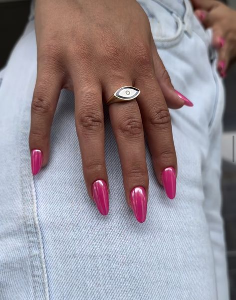 Pink Crome Nails Almond, Crome Nails Almond, Acrylic Nail Spring, Hot Pink Nail, March Nail, Nail Spring, Pink Tip Nails, Hoco Nails, Pink Chrome Nails