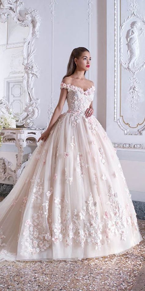 Wedding Dress Floral Applique, Pink Wedding Dress Ballgown, Beautiful Ballgown, Wedding Dresses Beautiful, Wedding Dress Tea Length, Wedding Dress Pink, Disney Wedding Dresses, Wedding Dress Guide, Pink Wedding Dresses