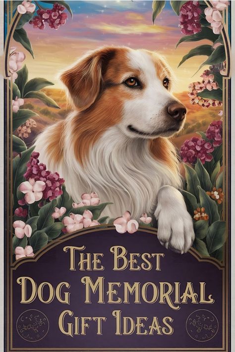 A serene illustration of a dog surrounded by flowers with the text: "The Best Dog Memorial Gift Ideas". Gifts For Someone Who Lost A Pet, Dog Memory Ideas, Gifts For Loss Of Pet, Pet Loss Gift Ideas, The Loss Of A Dog, Sympathy Gift Ideas, Dog Passing, Memorial Gift Ideas, Loss Of A Dog