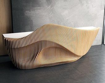 Beautiful Parametric Wood Reception Desk Industrial Coffee Shop, Wood Reception, Wood Reception Desk, Reception Desk Office, Reception Desk Design, Reception Counter, Hotel Reception, Architecture Concept Drawings, Design Salon