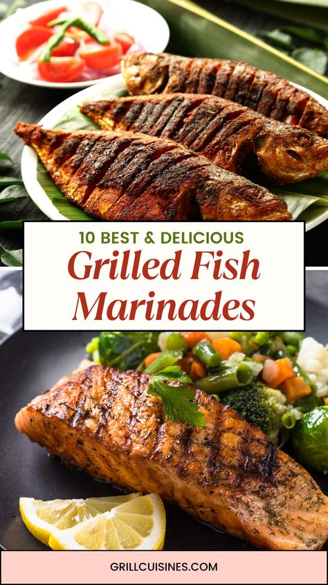 The Best Grilled Fish marinade Recipes are perfect for making grilled fish tacos, glazed salmon, marinated fish, blacked fish, cedar plank grilled fish, and so much more. | summer fish ideas | healthy fish dinners | grilled seafood Easy Fish Marinade, Marinades For Fish, Grilled Striper Fish Recipes, Whole Grilled Fish, Asian Marinade For Fish, Seasoning For Grilled Fish, Bbq Fish Grill, Best Grilled Fish Recipes, Grill Fish On Grill