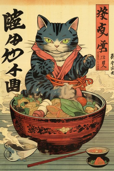 Vintage Japanese Sushi & Ramen art Japanese Fan Art, Japanese Cat Art, Ramen Art, Japanese Culture Art, Japanese Art Style, Japanese Pop Art, Japanese Art Styles, Japanese Poster Design, Japan Painting