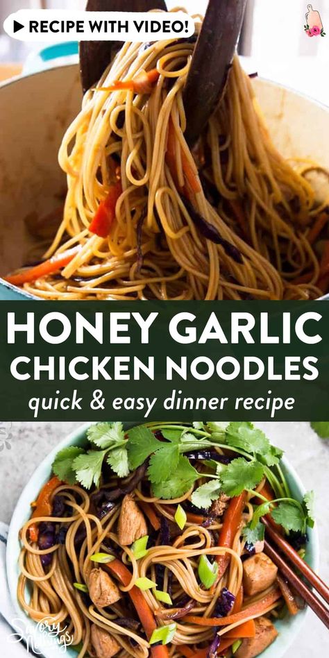 These EASY Honey Garlic Chicken Stir Fry Noodles are ready in less than 30 minutes for a fresh and flavorful family dinner! One of our absolutely favorite quick and easy recipes. Made with plenty of fresh vegetables, lean chicken breast, spaghettini and a super easy homemade stir fry sauce. This is both healthy AND delicious! | #recipe #easyrecipes #dinner #easydinner #pasta #pastarecipes #noodles #30minutes #quickdinner #chicken #chickenrecipes #chickendinner Chicken Stir Fry Noodles, Garlic Honey Chicken, Honey Garlic Chicken Stir Fry, Stir Fry Noodles Recipe, Easy Honey Garlic Chicken, Chicken Stir Fry With Noodles, Garlic Chicken Stir Fry, Fry Noodles, Garlic Honey