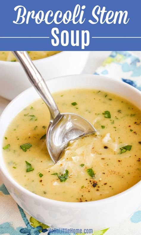 Wondering what to do with Broccoli Stems? You’ll LOVE this scrumptious Broccoli Stem Soup recipe! Learn how to make the BEST Broccoli Stalk Soup using simple ingredients: leftover broccoli stems, potatoes, onions, rosemary, milk, and cheddar cheese. This cheesy Broccoli Stalk Recipe is quick and easy to make, plus this Creamy Broccoli Stem Soup is a tasty way to cut down on food waste and use leftover Broccoli Stalks. A delicious Vegetarian + Gluten Free Broccoli Soup! | Hello Little Home Broccoli Chicken Rice Soup, Broccoli Stalk Soup, Broccoli Stem Soup, Broccoli Stems Recipes, Leftover Broccoli Recipes, Broccoli Stem Recipes, What To Do With Broccoli, Leftover Broccoli, Broccoli Stalks