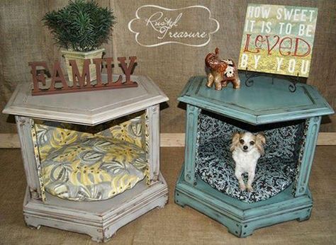 Table Dog Bed, End Table Dog Bed, Diy Pet Ideas, Old End Tables, Pet Bed Furniture, Cute Dog Beds, Diy Pet Bed, Designer Dog Beds, Diy Dog Bed