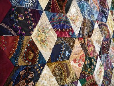 Work in Progress Wednesday: Assembling a crazy quilt, tying the quilt sandwich - Pintangle Crazy Quilt Templates, Quilt Embroidery, Crazy Quilts Patterns, Crazy Quilt Stitches, Diamonds Are Forever, Tumbling Blocks, Crazy Quilt Blocks, Feather Stitch, Crazy Patchwork