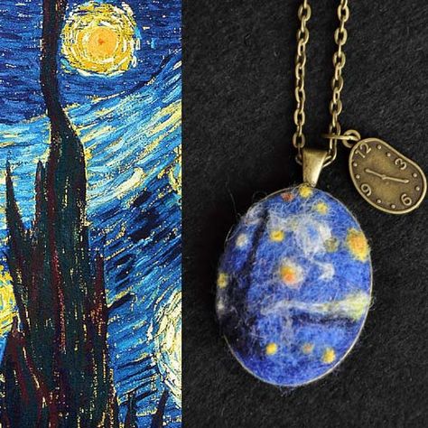 Van Gogh The Starry Night, Wool Ideas, Felted Jewelry, Gogh The Starry Night, Wool Necklace, Wool Painting, Wool Felting, The Starry Night, Felt Wool