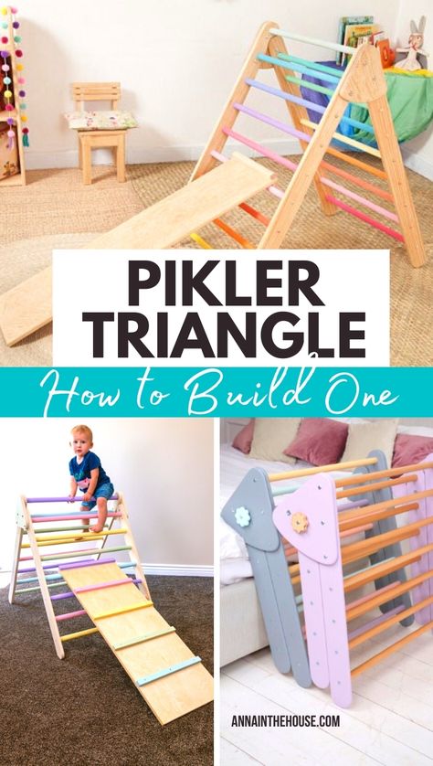 Diy Montessori Climber, Diy Montessori Play Gym, Diy Climbing Triangle, Montessori Wooden Toys Diy, Diy Pikler Triangle Plans, Pickler Triangle Diy, Diy Climbing Toys For Toddlers, Diy Pickler, Pikler Triangle Activities