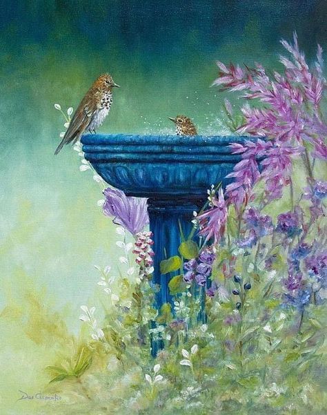 Painted Bird Bath, Fountain Painting, Bird Bath Ideas, Hummingbird Painting, Cooler Painting, Naive Illustration, Classroom Art Projects, Bird Baths, Watercolor Projects