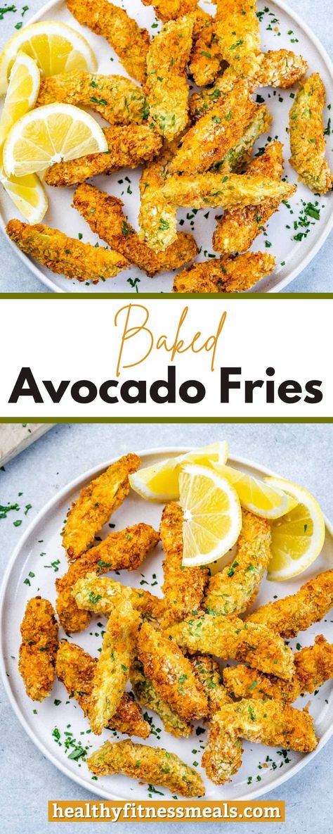 Crunchy, soft, and creamy, these Baked Avocado Fries are addictive! No need for a deep frier here, these avocado fries are seasoned, breaded, and then baked to perfection. Perfect for entertaining or as a snack! This Baked Avocado Fries recipe is one of my all-time favorite healthy fries recipes. They’re super crunchy on the outside, soft, smooth, and creamy inside, and they are loaded with so many good nutrients including omega-3s. What’s not to love about that?! Side Dishes With Avocado, Heart Healthy Recipes Desserts, Avocado Parmesan Fries, Avocado Ideas How To Eat, Baked Avacacado Recipes, Healthy No Cook Snacks, Baked Avocado Recipes, Recipes Using Avocados, What To Eat With Avocado