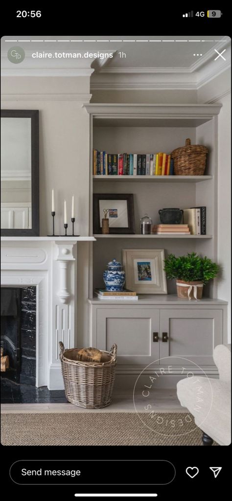 Shelves Either Side Of Fireplace, Living Room Fireplace Built Ins, Either Side Of Fireplace, Alcove Storage Living Room, Side Of Fireplace, Room Panelling, Fireplace Lounge, Alcove Ideas Living Room, Panelling Ideas