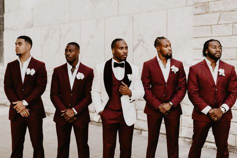 Black And Maroon Suit Men Wedding, Tan And Burgundy Groomsmen, Crimson And Cream Wedding, Groom And Groomsmen Attire Burgundy, Jewel Tone Groomsmen Attire, Maroon Groomsmen Attire, Burgundy Groomsmen Attire, Maroon Groomsmen, Groomsmen Burgundy