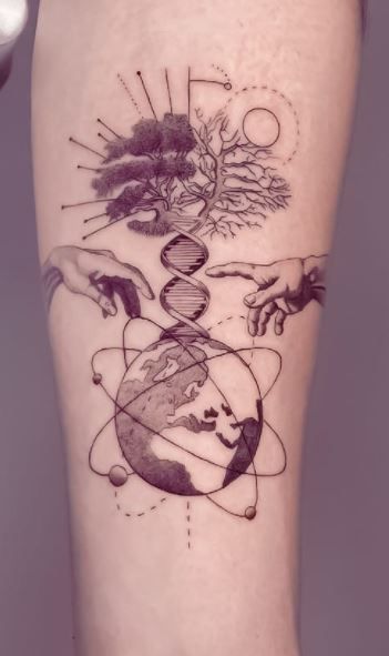 Science Related Tattoos, Dna Strand Tattoo Design, Biotechnology Tattoo, Synapse Tattoo, Human Evolution Tattoo, Knowledge Tattoo Ideas, Quantum Physics Tattoo, Dna Tree Tattoo, Science Tattoos Biology