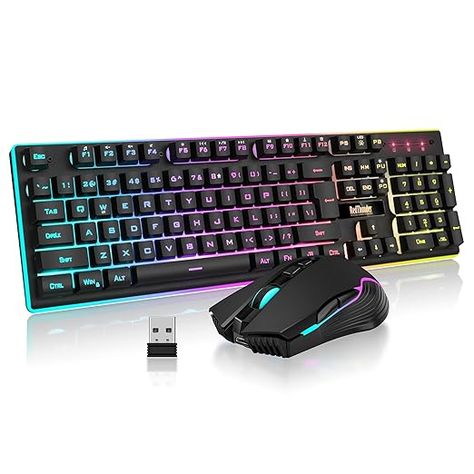 Amazon.com: RedThunder K10 Wireless Gaming Keyboard and Mouse Combo, LED Backlit Rechargeable 3800mAh Battery, Mechanical Feel Anti-ghosting Keyboard + 7D 3200DPI Mice for PC Gamer (Black) : RedThunder: Video Games Wireless Keyboard And Mouse, Pc Mouse, Wireless Keyboard, Gaming Keyboard, Pc Setup, Keyboard And Mouse, Pc Gamer, Gaming Mouse, Gaming Pc