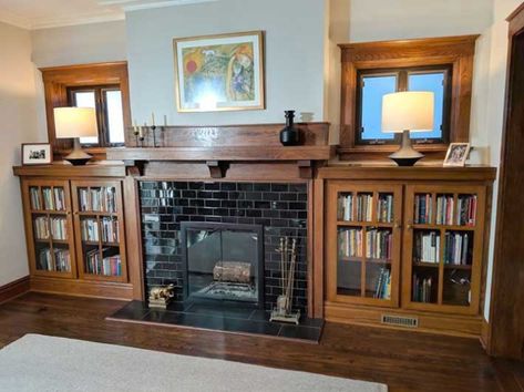 Craftsman Fireplace With Built Ins, Craftsman Bookcase, Craftsman Built Ins, Craftsman Style Fireplace, Craftsman Style Porch, Craftsman Living Room, Craftsman Fireplace, Railing Designs, Craftsman Home Interiors