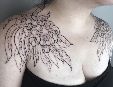 Very excited about the first lining session for these Chrysanthemum shoulder caps and chest tattoo for Erine! 🖤✨ - - - #chrysanthemum #tattoo #chesttattoo #shouldertattoo #floral #blackwork #lines #illustrative Shoulder Caps Tattoos, Chrysanthemum Tattoo Shoulder, Shoulder Cap Tattoo, Chrysanthemum Tattoo, Tattoo Shoulder, Tattoo Board, Chest Tattoo, Very Excited, Shoulder Tattoo