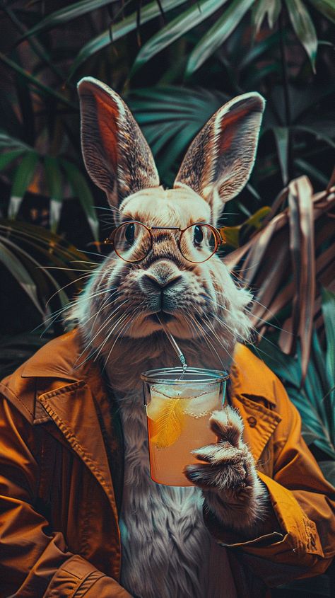 Hipster Rabbit Drinking Iced Tea in Jungle Jungle Background, Hipster Animals, Inspirational Digital Art, Portra 800, Vibrant Style, Pop Art Portraits, Kodak Portra, Natural Elements, Woman Painting