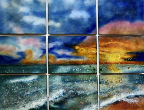 Art Glass Wall Sculpture - The vibrant colors of sky and sea fill this tactile 9-piece wall sculpture with life and energy.<br><br>The artist captures movement and creates depth by layering vitreous enamel over sheets of highly polished copper. Nuggets of glass are added to catch the light and bring sparkle to the composition. Each panel may undergo multiple cycles of adding powdered glass and firing to achieve the final result.<br><br>Because the medium is glass, not paint, the colors are perma Fused Glass Art Sunset, Fused Glass Ocean, Fused Glass Sunset, Glass Frit Painting, Fused Glass Beach Scene, Fused Glass Curved Panel, Glass Wall Sculpture, Fused Glass Wave Panel, Frit Painting