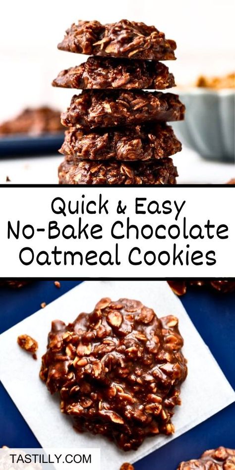 Effortless and delicious, soft and fudgy, these No-Bake Chocolate Oatmeal Cookies are made with rich cocoa, creamy peanut butter, and hearty oats. They are fudgy, have a quick prep time, and need no oven time. This makes them the perfect treats for last-minute gatherings and busy weeks. Quick Oat Cookies, Peanut Butter Oatmeal Chocolate Chip, Oatmeal No Bake Cookies, Chocolate Oatmeal Cookies, Peanut Butter No Bake, Sweet Cooking, Favorite Cookie Recipe, Candy Recipes Homemade, Chocolate Oatmeal