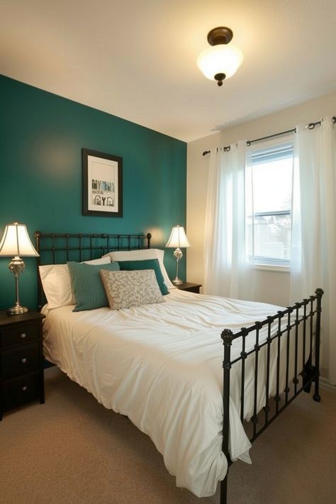 Transform your small bedroom with space-saving design strategies. Click here for more inspiration. Beige Upholstered Bed, Gray Upholstered Bed, Teal Bedroom Ideas, White Platform Bed, Teal Accent Walls, Light Wood Bed, Small Guest Rooms, Cozy Small Bedrooms, Rustic Farmhouse Bedroom