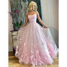 Pink Tulle Evening Dress, Kain Tile, 3d Applique, Pink Spaghetti, Prom Dresses Long Pink, Prom Dresses Elegant, Maxi Dress Wedding Guest, Pink Evening Dress, 파티 드레스