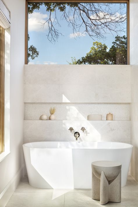 We love a modern zen tub alcove. The perfect place to unwind and relax. A lot of natural light without the loss of privacy. Farmhouse Primary Bathroom, Tub Alcove, Modern European Farmhouse, Bathroom Zen, Modern Tub, Primary Bathroom, European Farmhouse, Modern European, Young Family