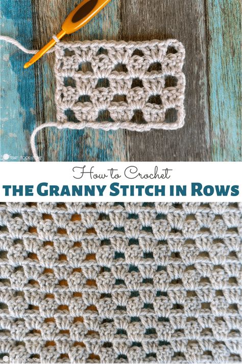 How To Granny Stitch Crochet, Granny Stitch Rectangle, Crochet Granny Stitch In Rows, Granny Square Crochet Stitch, Granny Square Lapghan Pattern, Crochet Granny Square Stitch, Fun Easy Crochet Stitches, Bernat Blanket Color Pooling Yarn Patterns Crochet, Granny Rows Crochet Blanket