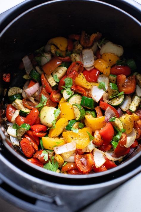 Mediterranean Roast Vegetables in air fryer with a flare are here! A healthy side dish or vegetarian one pot meal with crispy veggies. Vegetables In Air Fryer, Mediterranean Roasted Vegetables, Mediterranean Roast, Vegetarian One Pot, Vegetarian One Pot Meals, Ninja Combi, Crispy Veggies, Roasted Mediterranean Vegetables, Roast Vegetables