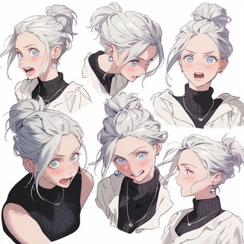 Character Face Concept Art, Expression Sheet Drawing, Character Design Sheet Reference, Drawing Female Eyes, Character Design Styles, Long Anime Hair, Character Design References Sheet, Silver Hair Anime, Character With White Hair