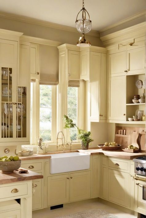 - Cream cabinets
- Wall color inspiration
- Home decor ideas
- Interior design trends Kitchen Wall Colors With Cream Cabinets, Butter Kitchen, Cream Colored Cabinets, Beige Wall Colors, Best Wall Colors, Neutral Wall Colors, Light Oak Floors, Green Wall Color, Cream Cabinets