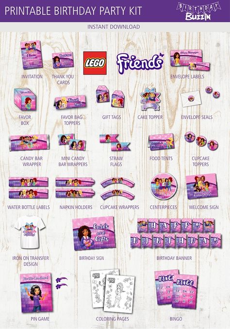 Lego Friends Birthday Party Printable Kit | Birthday Buzzin Lego Friends Cake, Girls Lego Party, Lego Friends Birthday Party, Lego Friends Birthday, Lego Friends Party, Friends Lego, Friends Birthday Party, College Paper, Friends Ideas