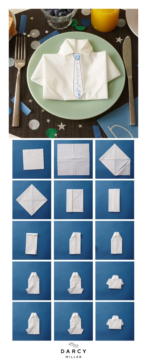 Dad's Shirt Napkin Folding DIY How-to with free printable tie template  | Darcy Miller Designs Download #breakfast #idea #dinner #table #card #fathersday #paper #fold #dressshirt #fordad #forhim #forgrandpa #decor #celebrate #grandfather #suit #origami #cutout #paper #craft #activity #easy Thanksgiving Napkin Folds, Diy Napkin Folding, Tie Template, Easy Napkin Folding, Paper Napkin Folding, Tissue Napkins, Diy Napkins, Shirt Folding, Papa Shirts