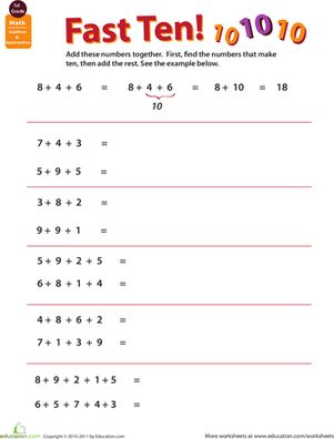 Challenge your child to add three, four, and five numbers together. He may find the task daunting, but there's a trick to add multiple numbers that will help! 1st Grade Addition, Addition Within 20, Mental Math Tricks, Make Ten, First Grade Math Worksheets, Making Ten, Number Worksheets, Mental Math, Math Tricks