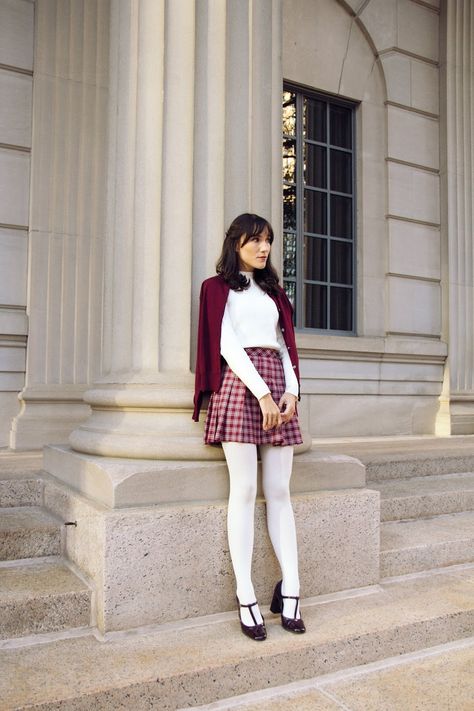 Maroon Plaid | Carolina Pinglo White Nylons Outfit, Argyle Tights Outfit, Candy Cane Inspired Outfit, Outfit With White Tights, How To Style White Tights, White Stockings Outfit Tights, Stocking And Skirt Outfit, Outfit Medias Blancas, Winter Stockings Outfit