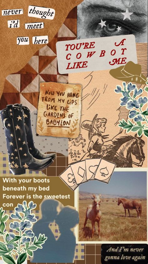 Cowboy like me #cowboyaesthetic #cowgirlaesthetic #cowboylikeme #cowboylikemetaylorswift #evermore #evermoretaylorswift Country Collage Aesthetic, Taylor Swift Wallpaper Cowboy Like Me, Cowboy Like Me Eras Tour, Cowboy Like Me Aesthetic Wallpaper, Cowboy Like Me Taylor Swift Wallpaper, Cowboy Like Me Taylor Swift Aesthetic, Cowboy Lockscreen, Cowboy Like Me Wallpaper, Cowboy Like Me Aesthetic