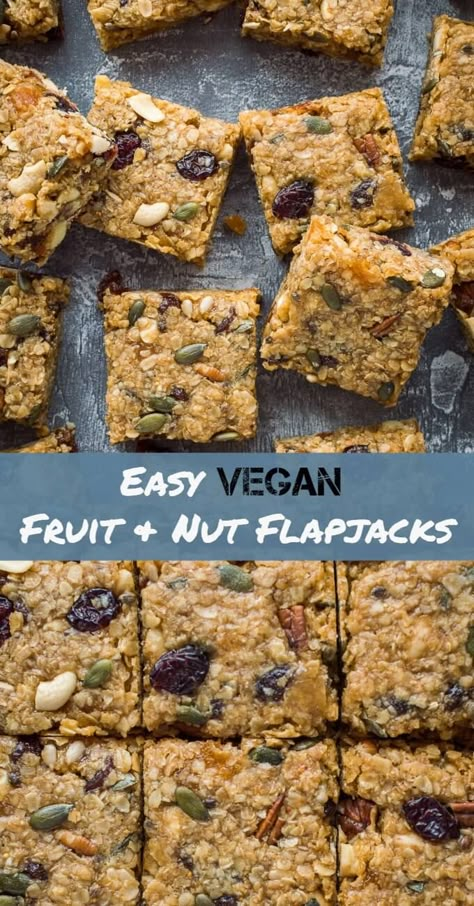 Vegan fruit and nut flapjacks - easy vegan oaty flapjacks (oat cookie bars) filled with dried fruits, nuts and seeds. Perfect for snacking, lunchboxes and hiking! #vegan #plantbased #dairyfree #flapjacks #oatbars #snack #veganbaking #veganjunkfood #fruit #nuts #snackrecipe #vegansnack Dairy Free Flapjack Recipe, Dairy Free Tray Bakes, Vegan Snack Bars, Vegan Traybake Recipes, One Bowl Date Nut Oat Bars, Vegan Hiking Snacks, Vegan Slice Recipes, Vegan Hiking Food, Gluten Free And Dairy Free Snacks