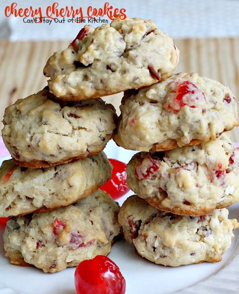 Cheery Cherry Cookies – Can't Stay Out of the Kitchen Candied Cherry Cookies, Cherry Winks, White Chocolate Cherry Cookies, Christmas Cherries, Cherry Cookies Recipes, Cherry Oatmeal Cookies, Candied Cherries, Recipe Oatmeal, Cherry Oatmeal