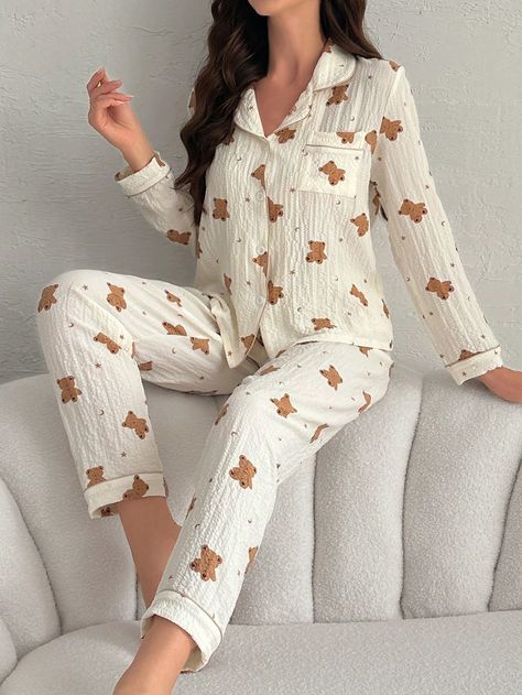 Teddy Bear Style Long Sleeve & Pants Pajama Set Apricot Cute    Cartoon Pant Sets Non-Stretch Fall/Winter Women Sleep & Lounge, size features are:Bust: ,Length: ,Sleeve Length: Teddy Bear Pajamas Set, Neutral Christmas Pajamas, Cute Winter Pjs, Autumn Pjs, Teddy Bear Pajamas, Cute Pyjamas, Fall Pajamas, Winter Pjs, Christmas Pj