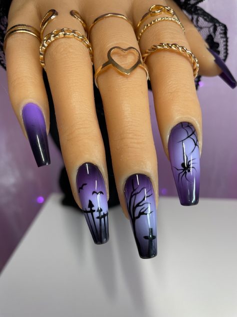 Witch Nails Square, Halloween Nails Black And Purple, Halloween Nails Purple And Black, Dark Purple Halloween Nails, Purple Spooky Nails, Dark Purple And Black Nails, Purple Goth Nails, Witchy Halloween Nails, Vampire Nail Art