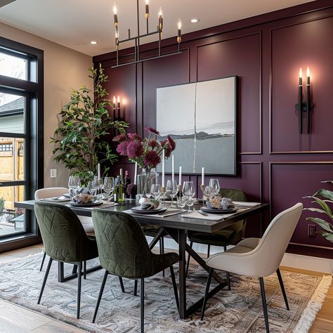 Berry tones in interior design sometimes provide a sophisticated look when done right. What do you think? Design by @emmas_interior_style . . . . . . . #berrytones #interiordesign #homedecor #vibrantcolors #designinspiration #colorpalette #warminteriors #homestyling #decorgoals #richhues #modernhome #designdetails #interiorinspo #sophisticatedstyle #roommakeover #decorinspo #hometransformation #stylishinteriors #interiorgoals #livingroomdecor Living Room Dining Room Color Scheme, Deep Purple Dining Room, Dining Room Interior Design Luxury, Mauve Dining Room, Burgundy Dining Room, Plum Dining Room, Dining Room Purple, Purple Dining, Purple Dining Room