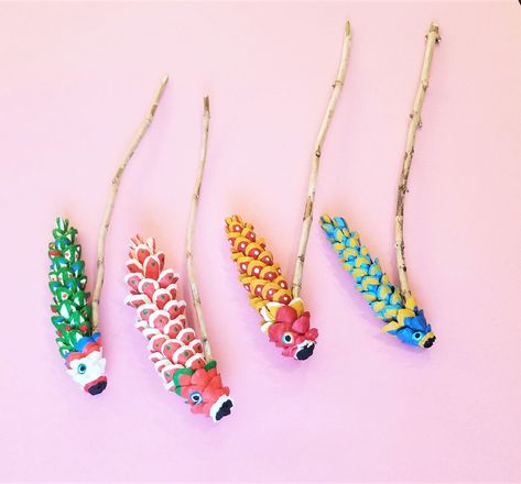 Koinobori Pine Cones Japanese Celebrations, Vbs Shipwrecked, Pine Cone Earrings, Pine Cone Tree, Asian Crafts, Cone Trees, Cones Crafts, Pine Cone Crafts, Children's Day