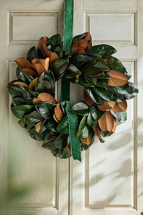 Carefully preserved for long-lasting beauty, this wreath of glossy magnolia leaves makes a lush accent for indoor spaces. | Preserved Magnolia Wreath in Green at Terrain Magnolia Christmas Decor, Magnolia Leaf Wreath, Magnolia Grandiflora, Magnolia Wreath, Magnolia Leaves, Church Events, Wreaths & Garlands, Magnolia Flower, Hand Poured Candle