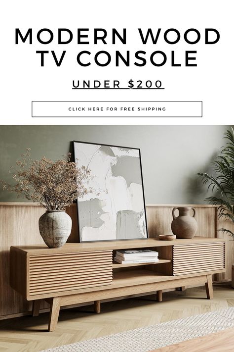 Introducing our budget-friendly 'Mid Century Modern Wood TV Console'! Elevate your living room with this boho-inspired TV stand, perfect for 55/60/65 inch TVs. Featuring fluted sliding doors and a low profile design, this modern entertainment center adds charm and functionality to any space. Upgrade your home entertainment without breaking the bank! #AffordableFurniture #TVConsole #BohoDecor #MidCenturyModern 📺✨ Tv Console Light Wood, Tv Console Boho Modern, Natural Wood Tv Stand Contemporary, Japandi Tv Console And Shelves, Tv Console Diy, Mid Century Modern Tv Console Rounded Edge, Mid Century Tv Console, Wooden Tv Console, Modern Entertainment Center