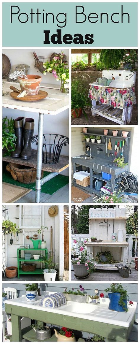 10+ inexpensive and inspiring DIY potting bench ideas to get you in the mood for spring gardening. They could also be used as a serving station on your porch, deck or patio. Potting Bench Ideas, Diy Potting Bench, Serving Station, Potting Station, Potting Benches, Spring Gardening, Potting Tables, Potting Table, Porch Deck