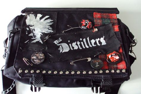 Punk Messenger Bag Messanger Bag, Leather Messenger Bags, Bag Patches, Battle Jacket, Leather Backpacks, Bags Messenger, Punk Outfits, Mens Leather Bag, Punk Goth