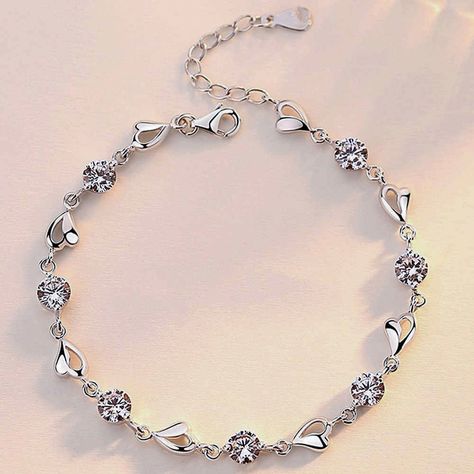 Fashion white crystal heart-shaped silver bracelet female heart-shaped bracelet. Silver Bracelet Designs, Sterling Silver Heart Bracelet, Inexpensive Jewelry, Silver Heart Bracelet, Silver Jewellery Indian, Silver Bracelets For Women, Bangles Jewelry Designs, Hand Bracelet, Bracelet Design