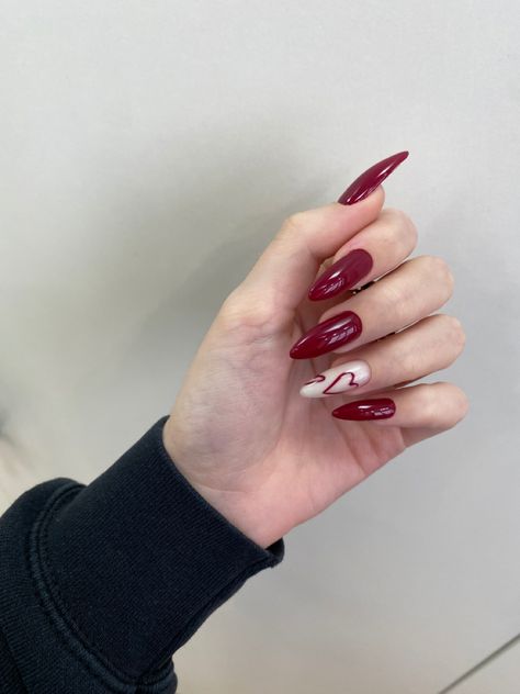 wine red nails with hearts Dark Red Nails With White Heart, Red Nails White Heart, Vine Red Nails, Red Nails With Hearts, Red Wine Nails, Wine Red Nails, Nails With Hearts, Dark Red Nails, Wine Nails