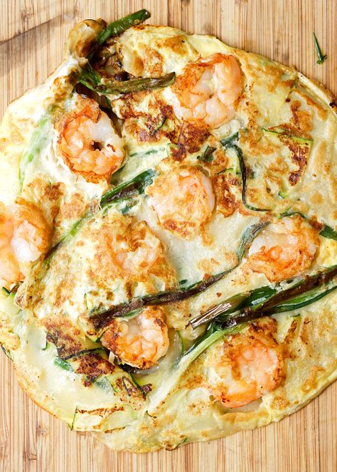 Shrimp and Zucchini Korean Pancake — Eat Cho Food Shrimp Quiche, Shrimp Zucchini Recipes, Korean Seafood Pancake, Shrimp And Zucchini, Shrimp Pizza, Seafood Pancake, Asian Shrimp, Korean Cream, Jerk Chicken Wings